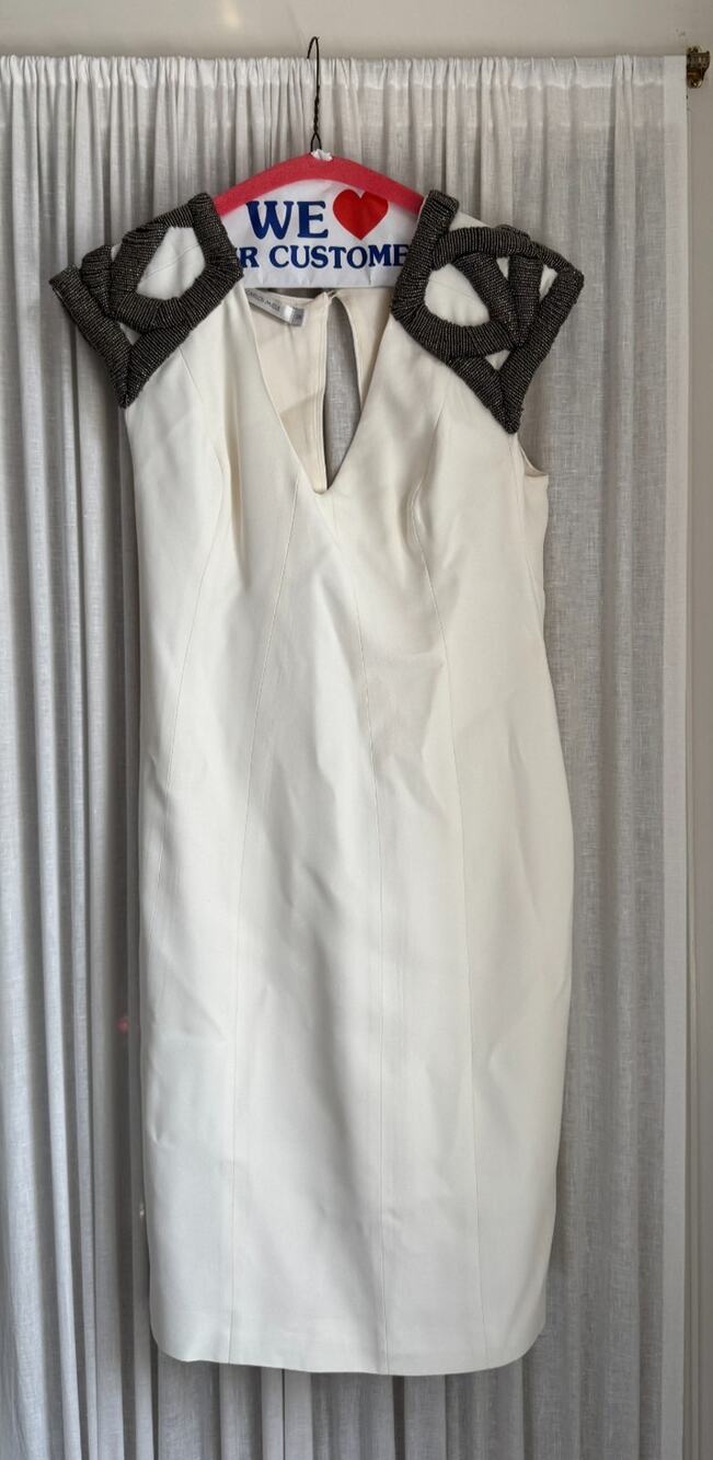 Carlos Miele White Ivory Sheath Dress Geometric Beaded Shoulder Cutouts Size 38